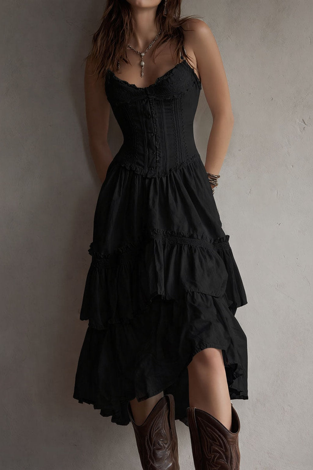 Boho Midi Dress Corset Tiered Lace-Trim - 5