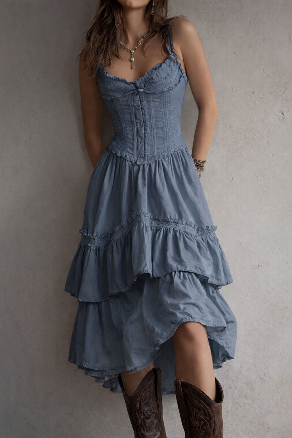 Boho Midi Dress Corset Tiered Lace-Trim - 6
