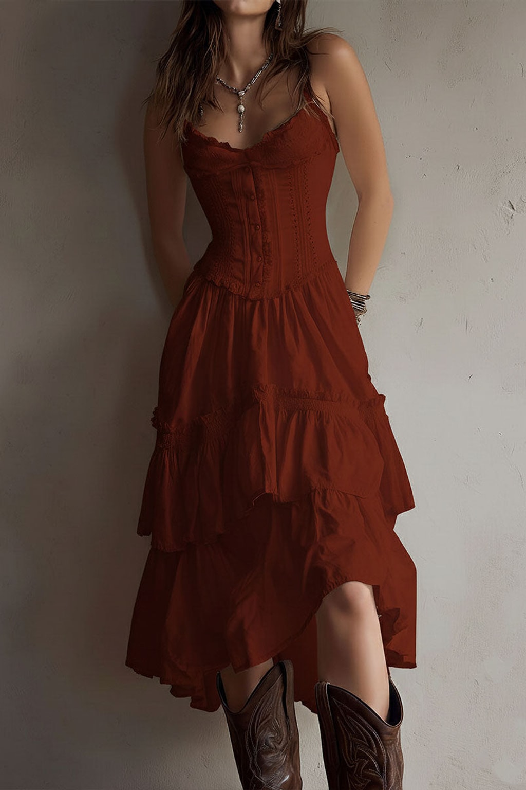 Boho Midi Dress Corset Tiered Lace-Trim - 7