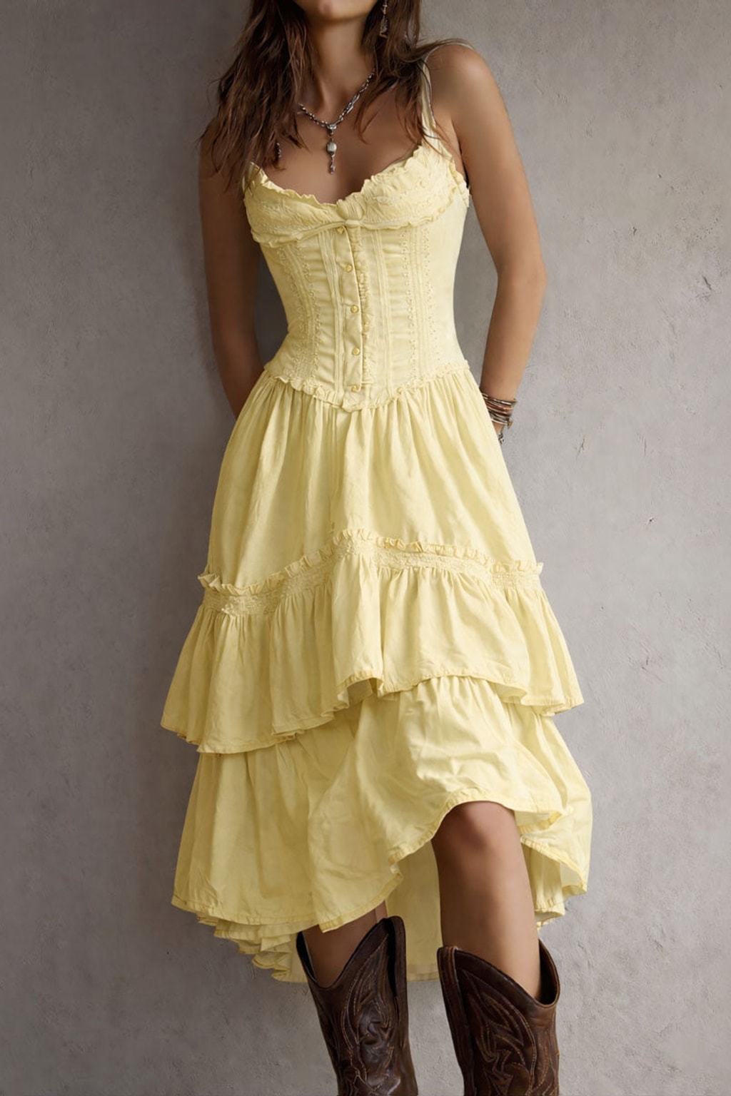 Boho Midi Dress Corset Tiered Lace-Trim - 8
