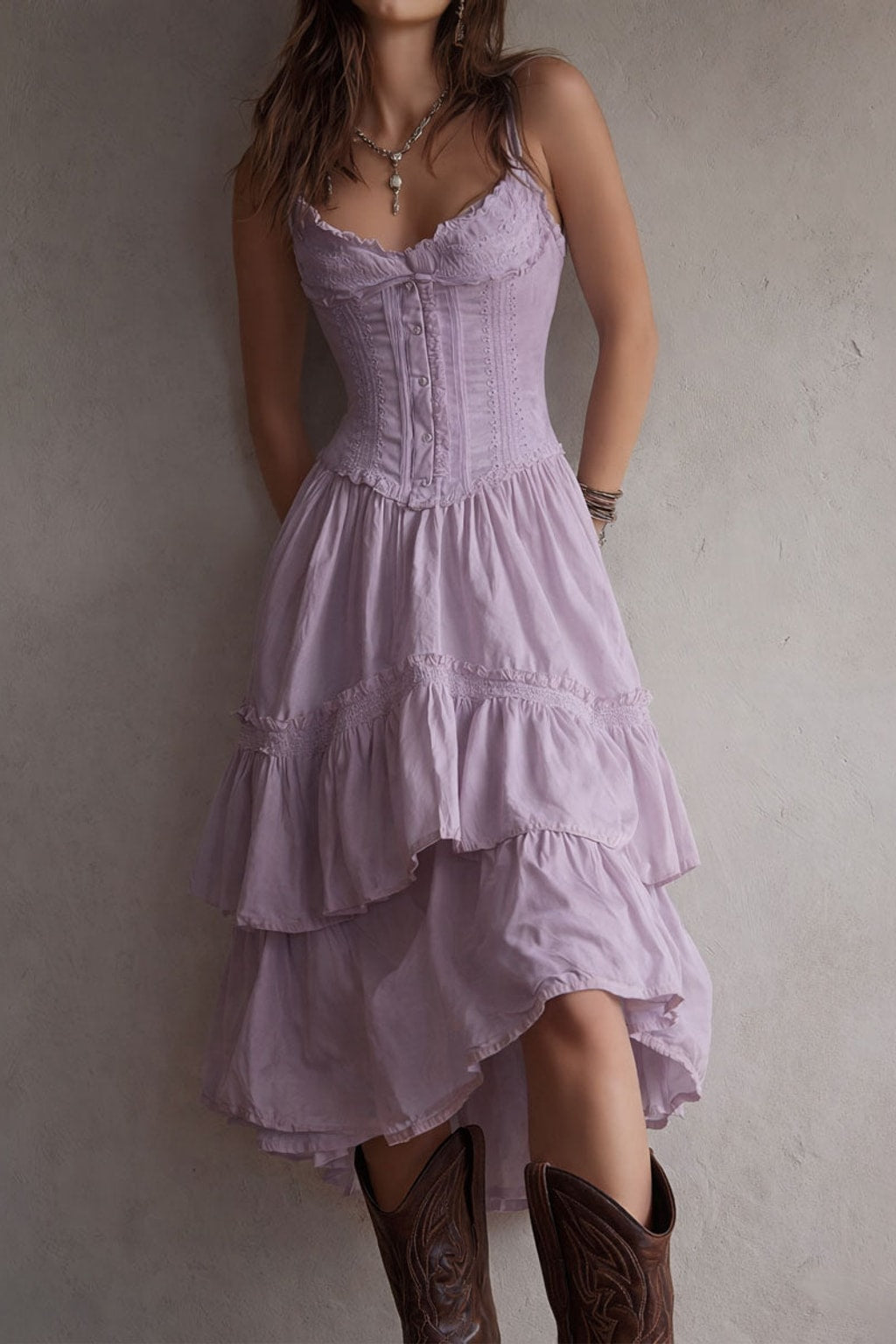 Boho Midi Dress Corset Tiered Lace-Trim - 9
