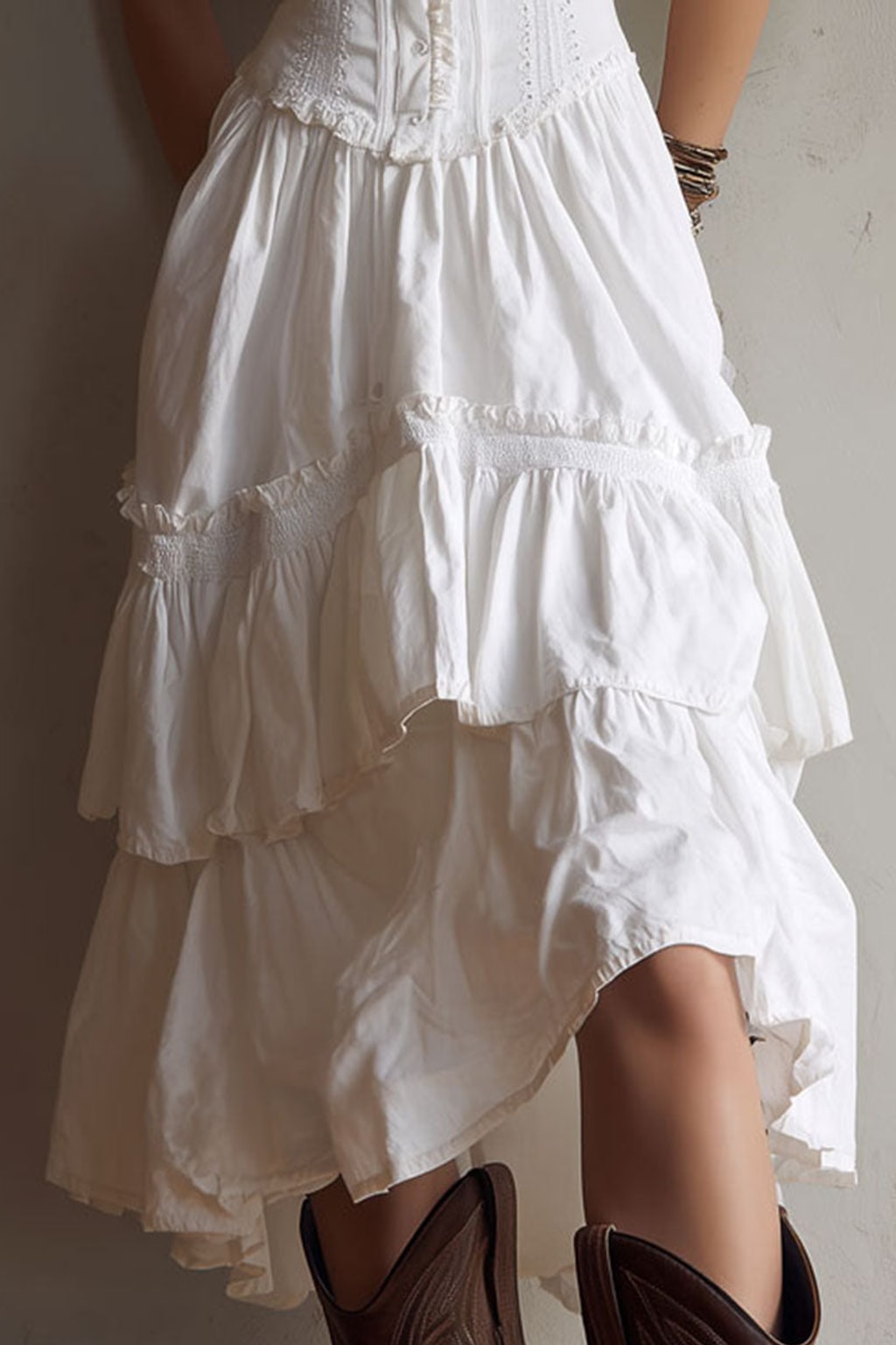 Boho Midi Dress Corset Tiered Lace-Trim - 4