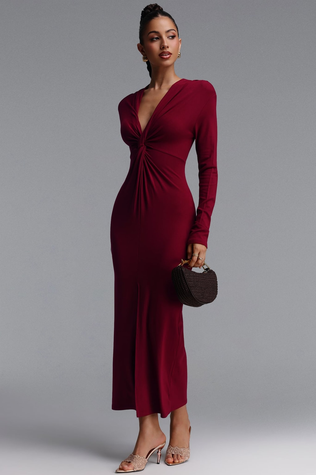 Knit Maxi Dress Deep V-Neck Twist Front - 3