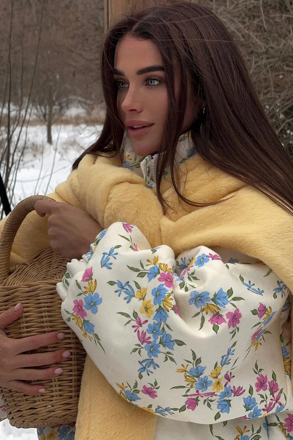 Cream oversized puffer jacket in a ditsy floral print with a tall stand collar and full zip