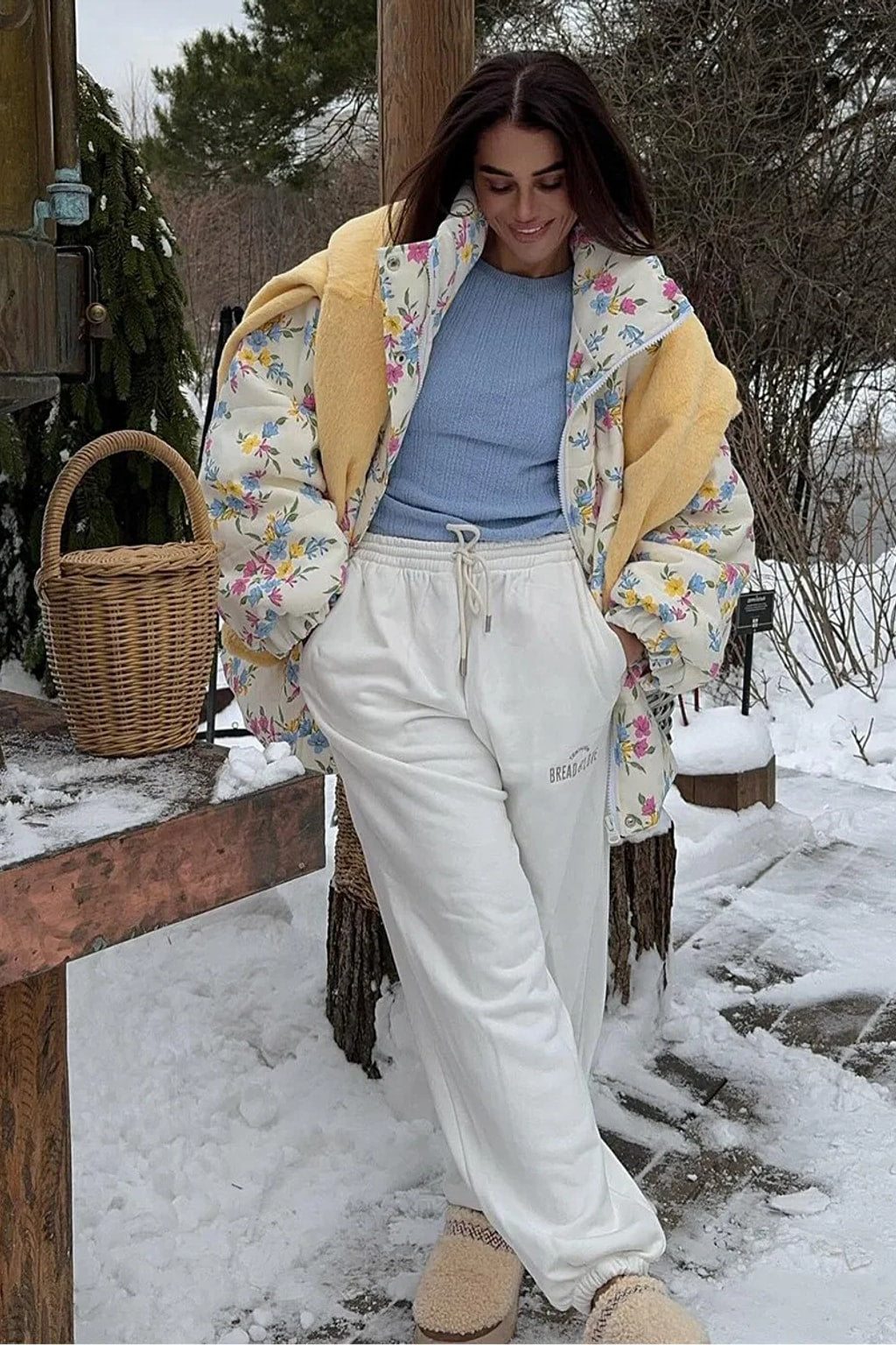Cream oversized puffer jacket in a ditsy floral print with a tall stand collar and full zip