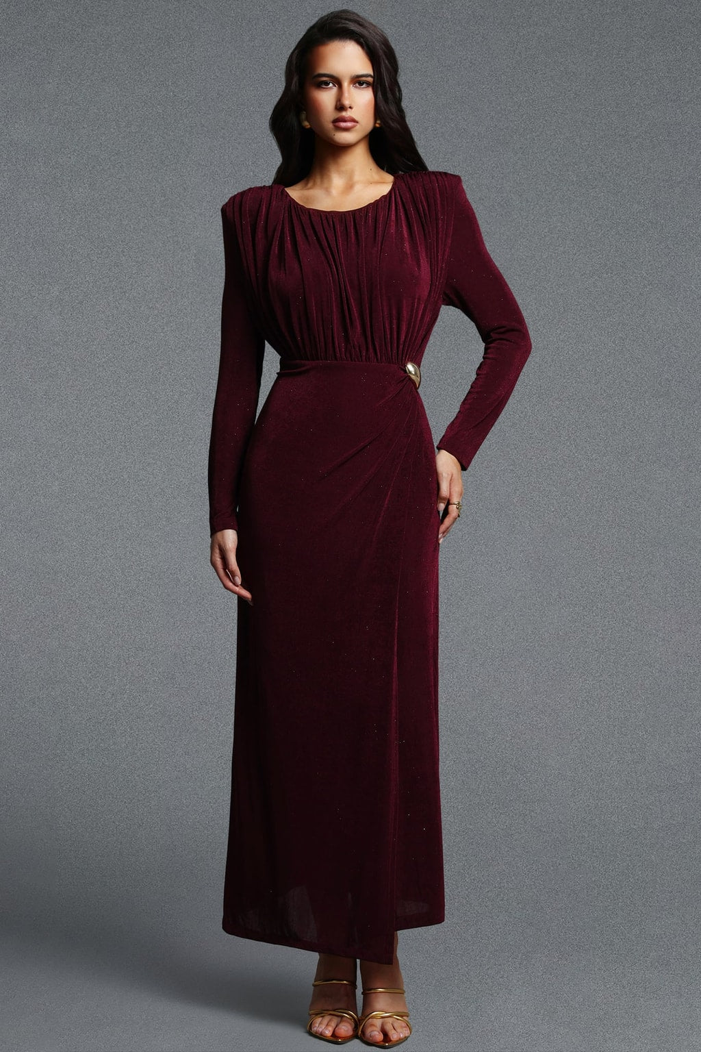 Knit Maxi Dress Long Sleeve Ruched Buckle - 2