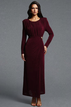 Knit Maxi Dress Long Sleeve Ruched Buckle - 2