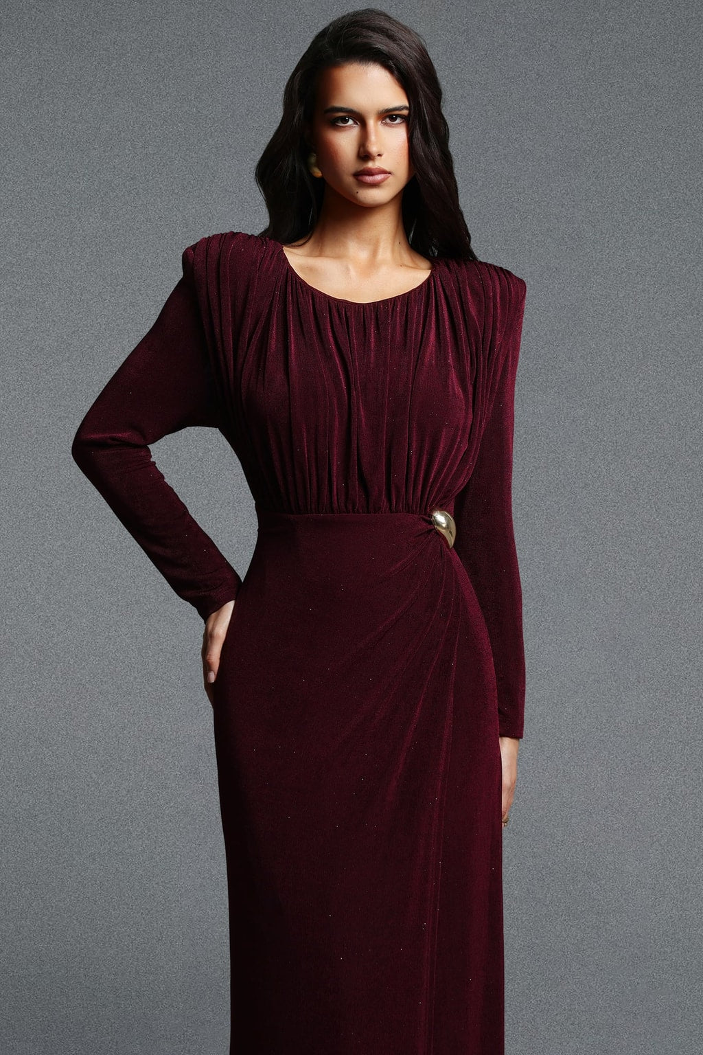 Knit Maxi Dress Long Sleeve Ruched Buckle - 5