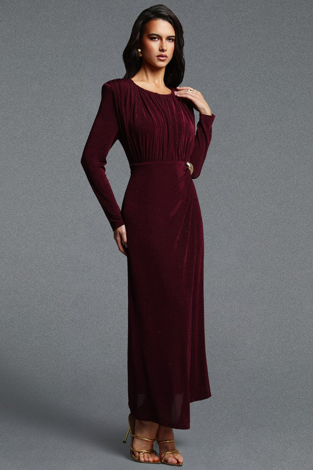 Knit Maxi Dress Long Sleeve Ruched Buckle - 3