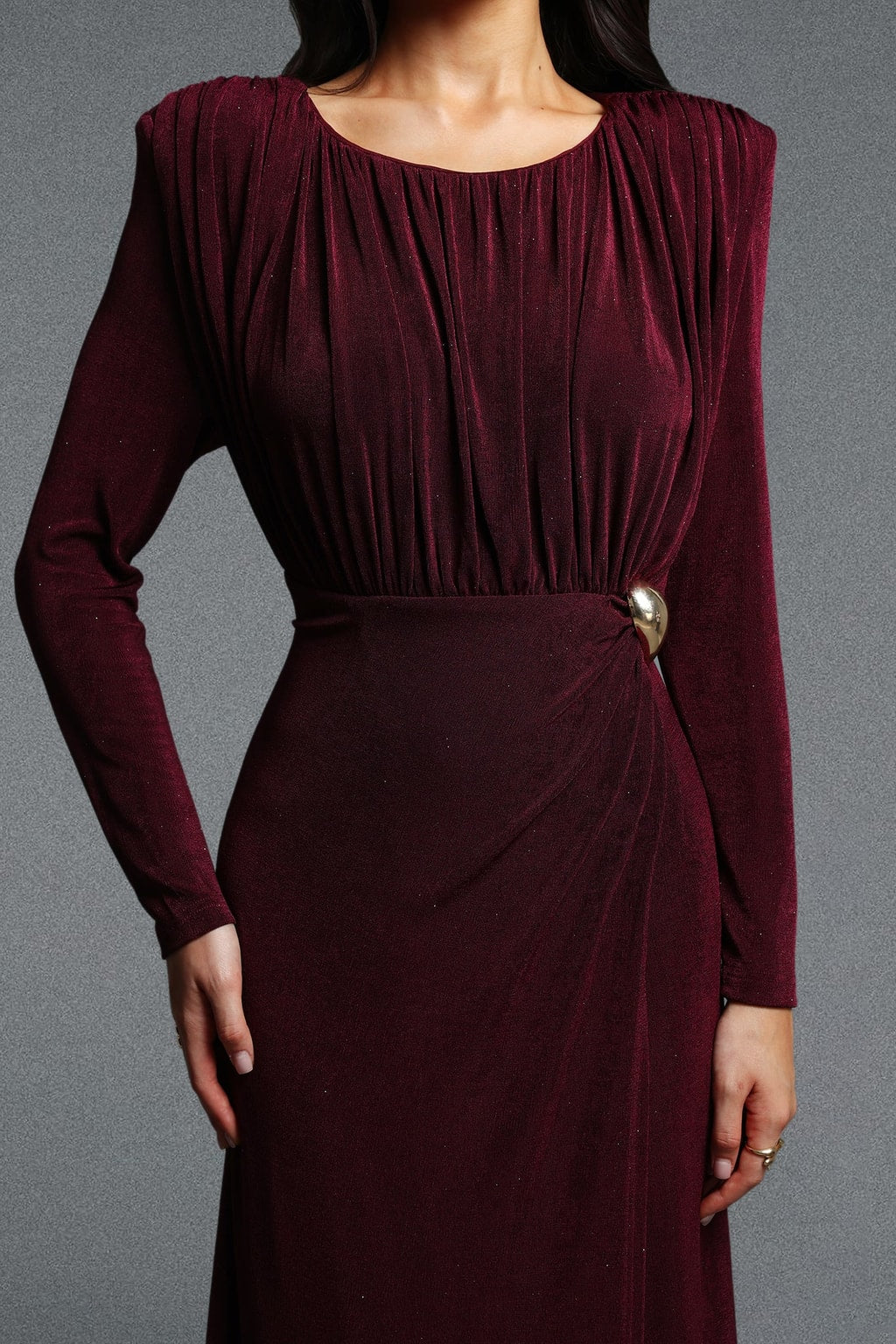 Knit Maxi Dress Long Sleeve Ruched Buckle - 6