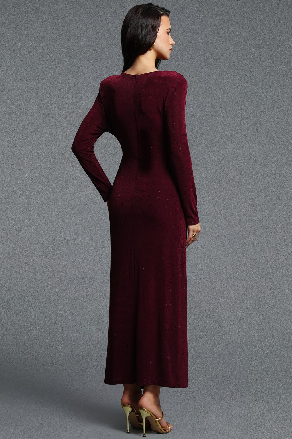 Knit Maxi Dress Long Sleeve Ruched Buckle - 4
