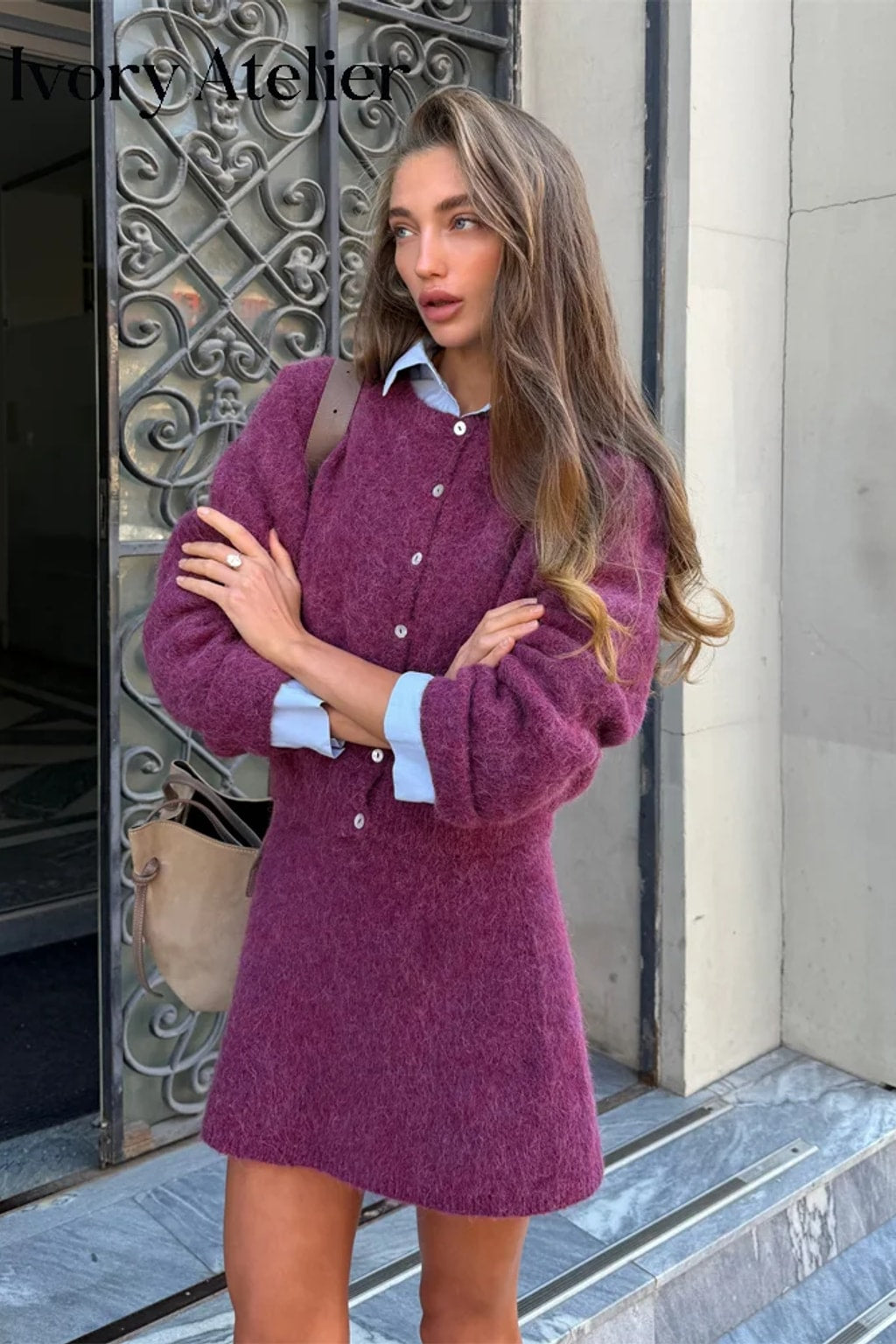 Synthetic Knit Skirt Set Button-Down Mini Cardigan Outfit - 2
