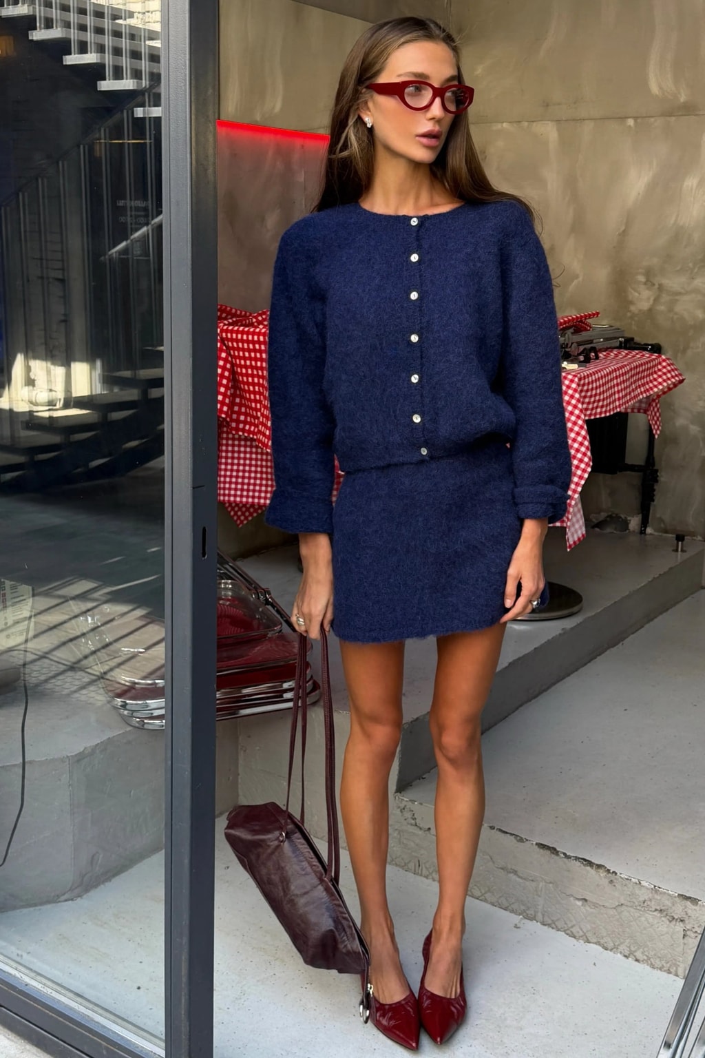 Synthetic Knit Skirt Set Button-Down Mini Cardigan Outfit - 10