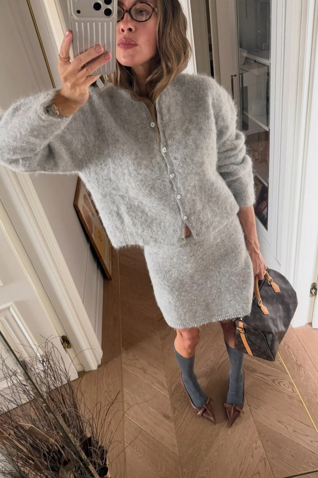 Synthetic Knit Skirt Set Button-Down Mini Cardigan Outfit - 8