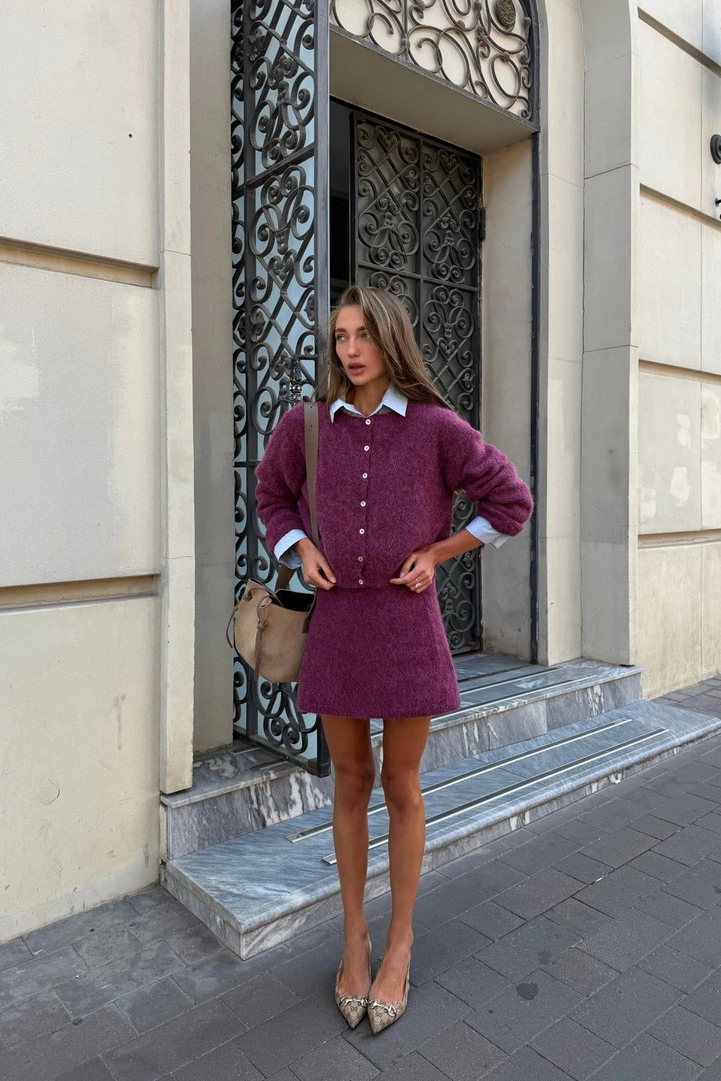 Synthetic Knit Skirt Set Button-Down Mini Cardigan Outfit - 6