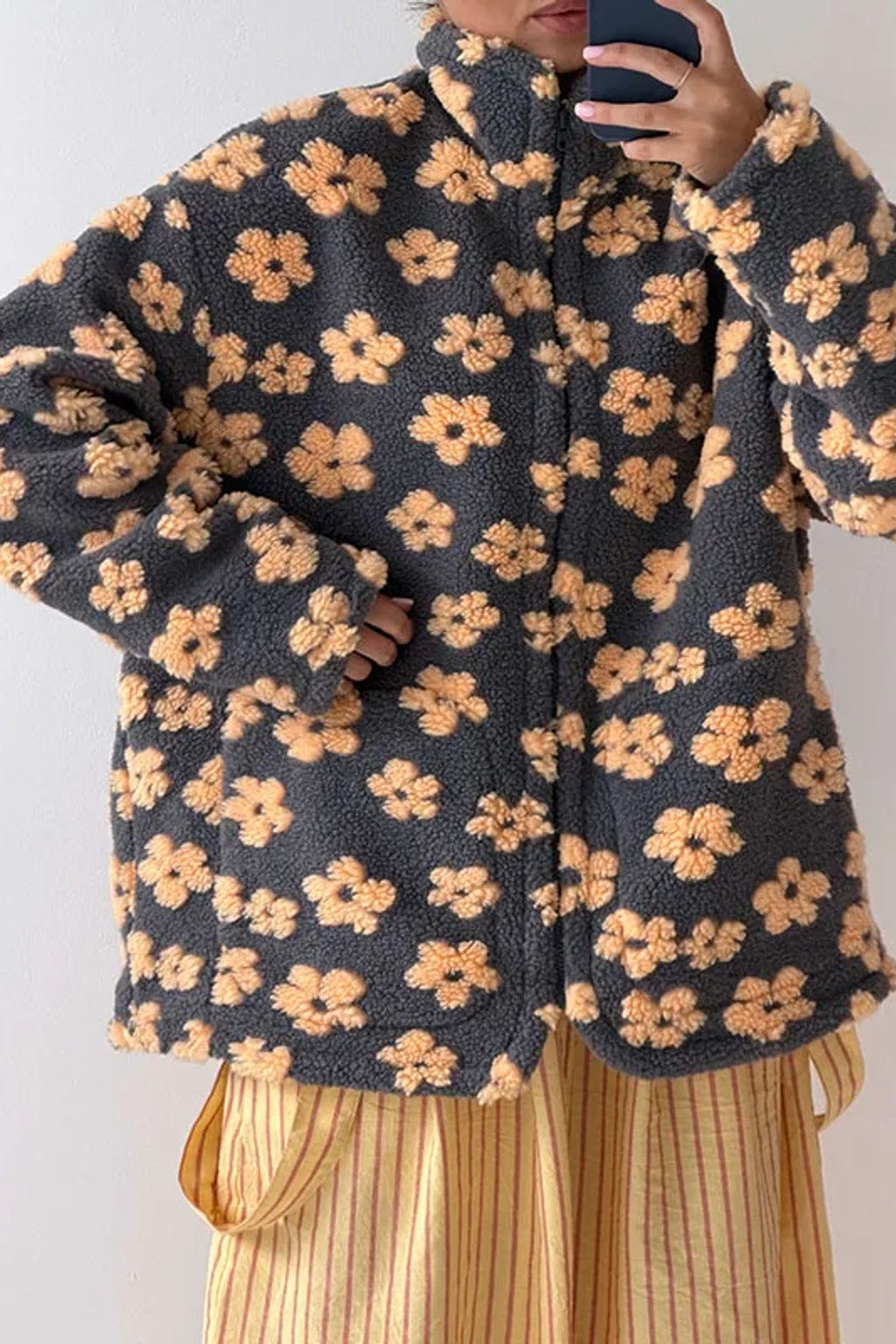 Fleece Jacket Floral Zip Up Cropped Sherpa Coat - 15