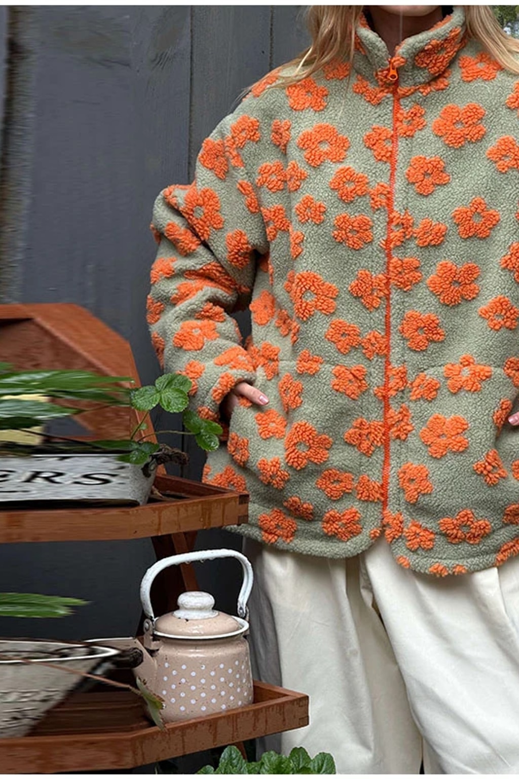 Fleece Jacket Floral Zip Up Cropped Sherpa Coat - 18