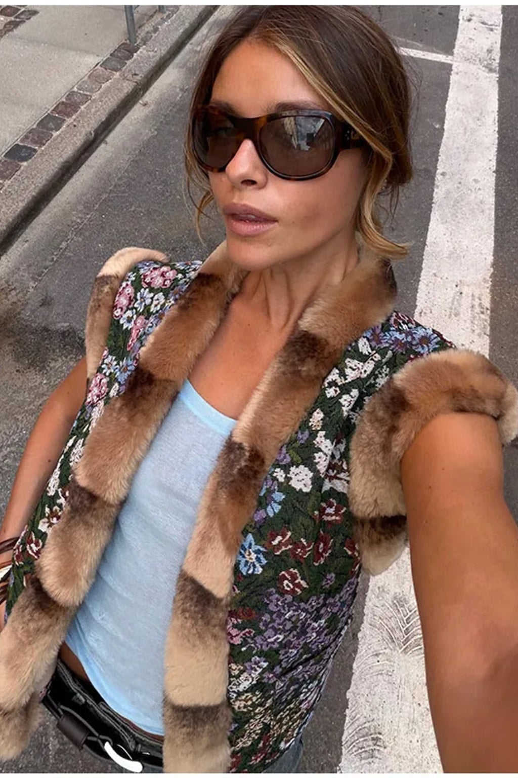 Forest green floral tapestry waistcoat edged in brown faux fur at the collar, front and armholes