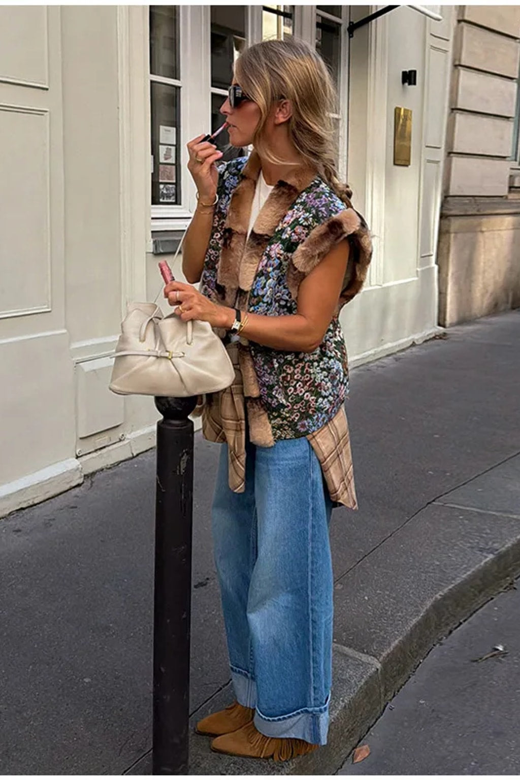 Floral tapestry sleeveless waistcoat edged in brown faux fur at the collar, front and armholes