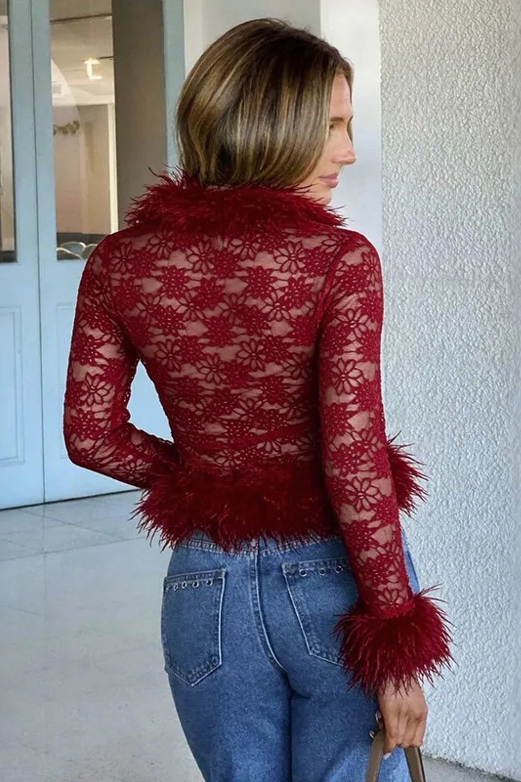 Mesh Cardigan Vintage Fuzzy Cuff Long Bell Sleeve V-Neck - 7