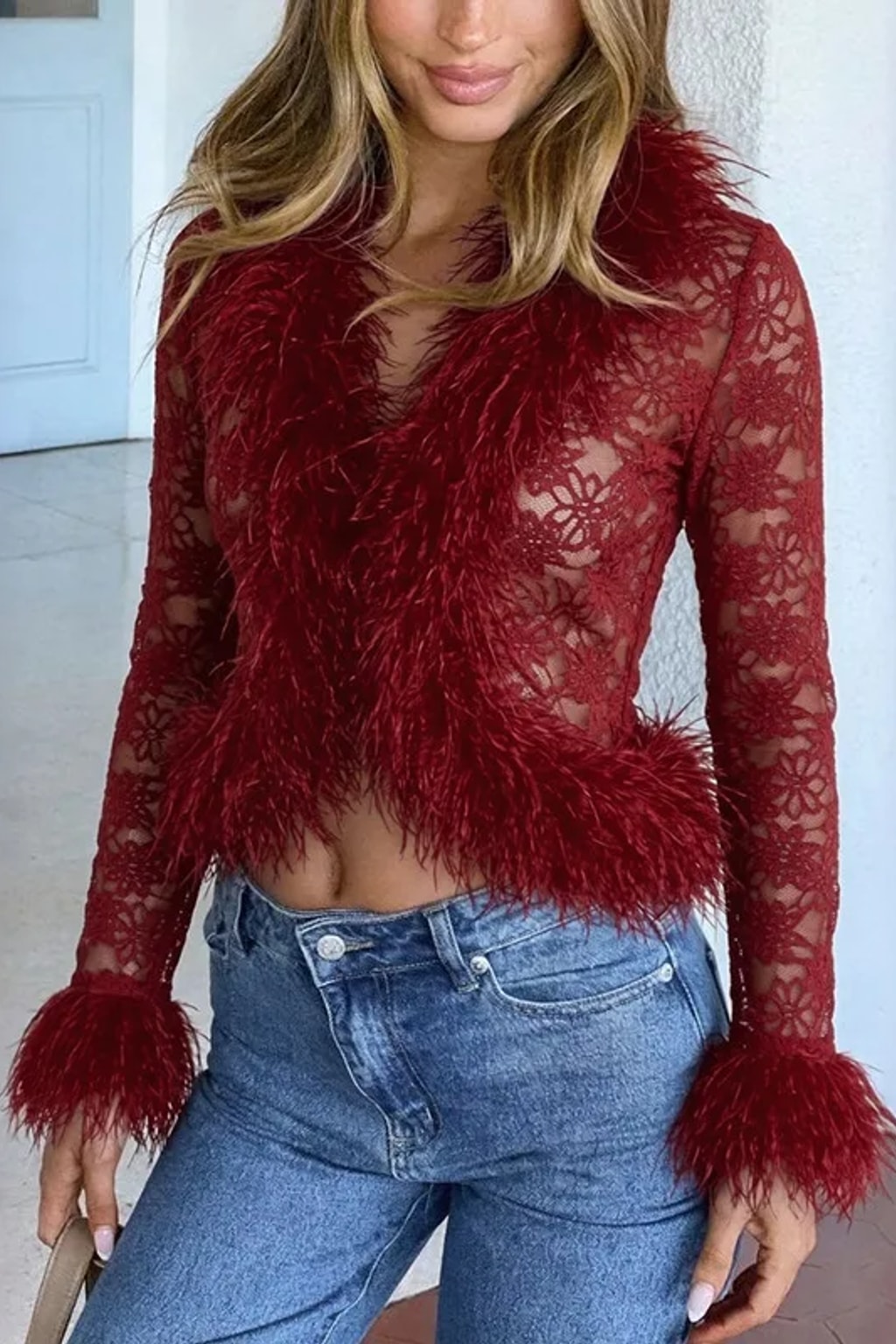 Mesh Cardigan Vintage Fuzzy Cuff Long Bell Sleeve V-Neck - 5