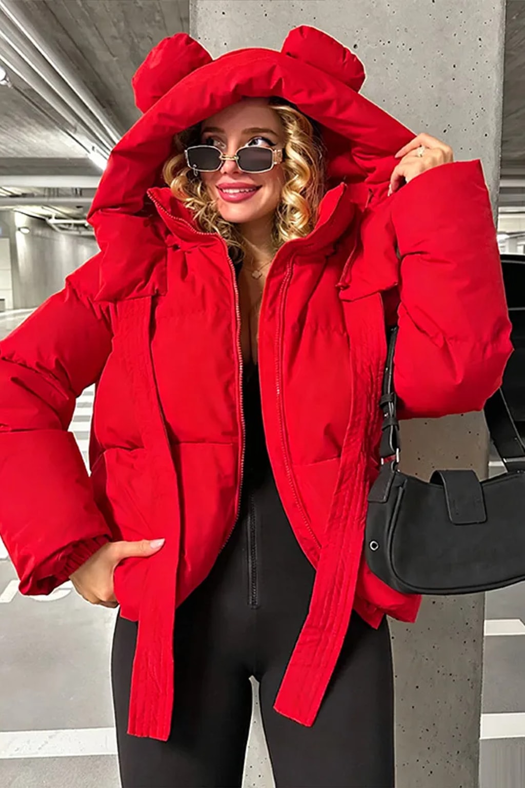 Polyester Women Coat Hooded Zip Pockets - 1