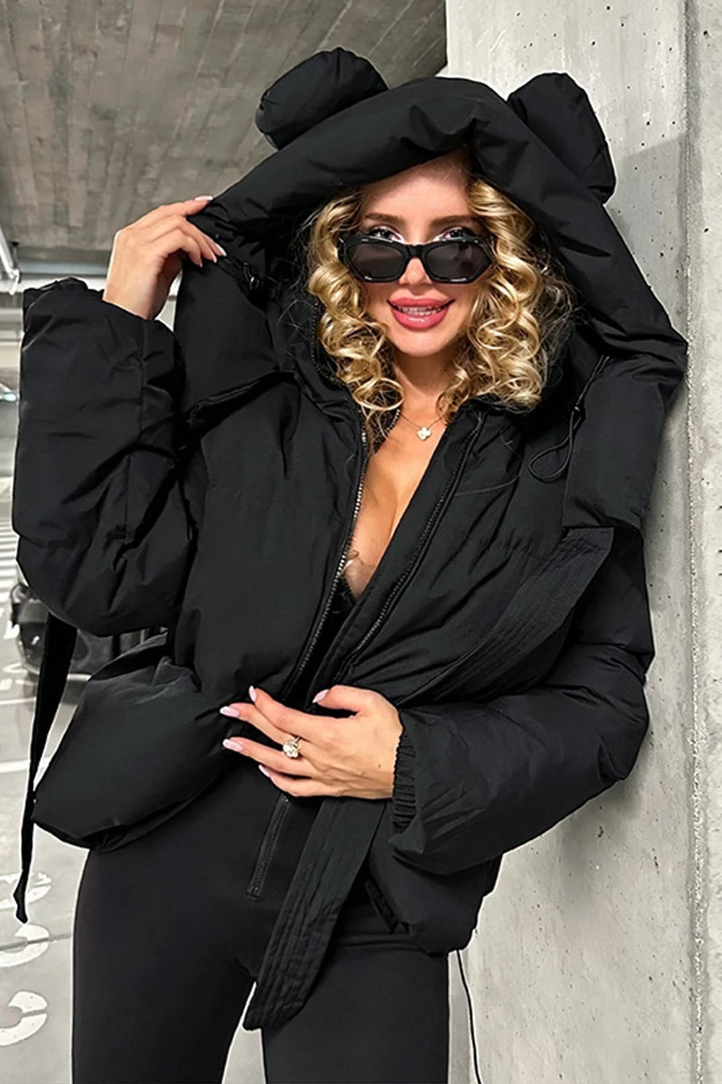 Polyester Women Coat Hooded Zip Pockets - 7