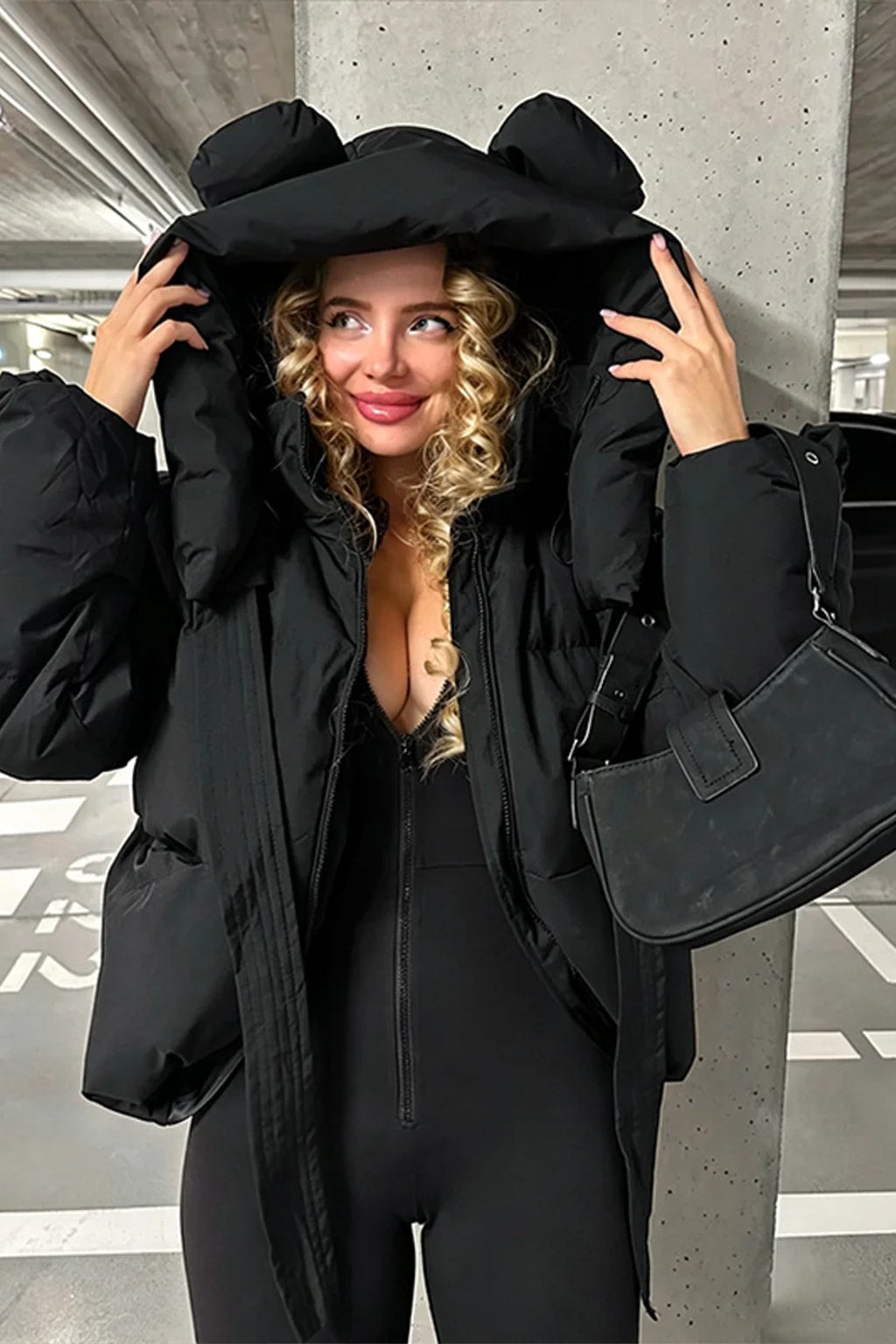 Polyester Women Coat Hooded Zip Pockets - 8