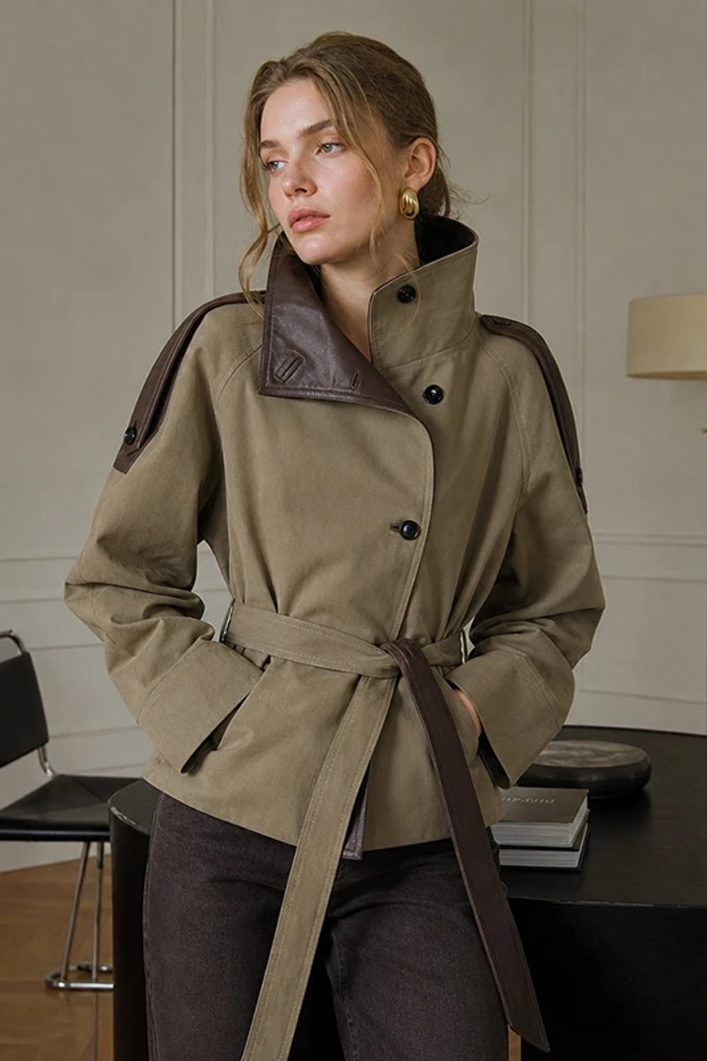 Faux Leather Trench Coat Belted Waist Short Jacket - 3