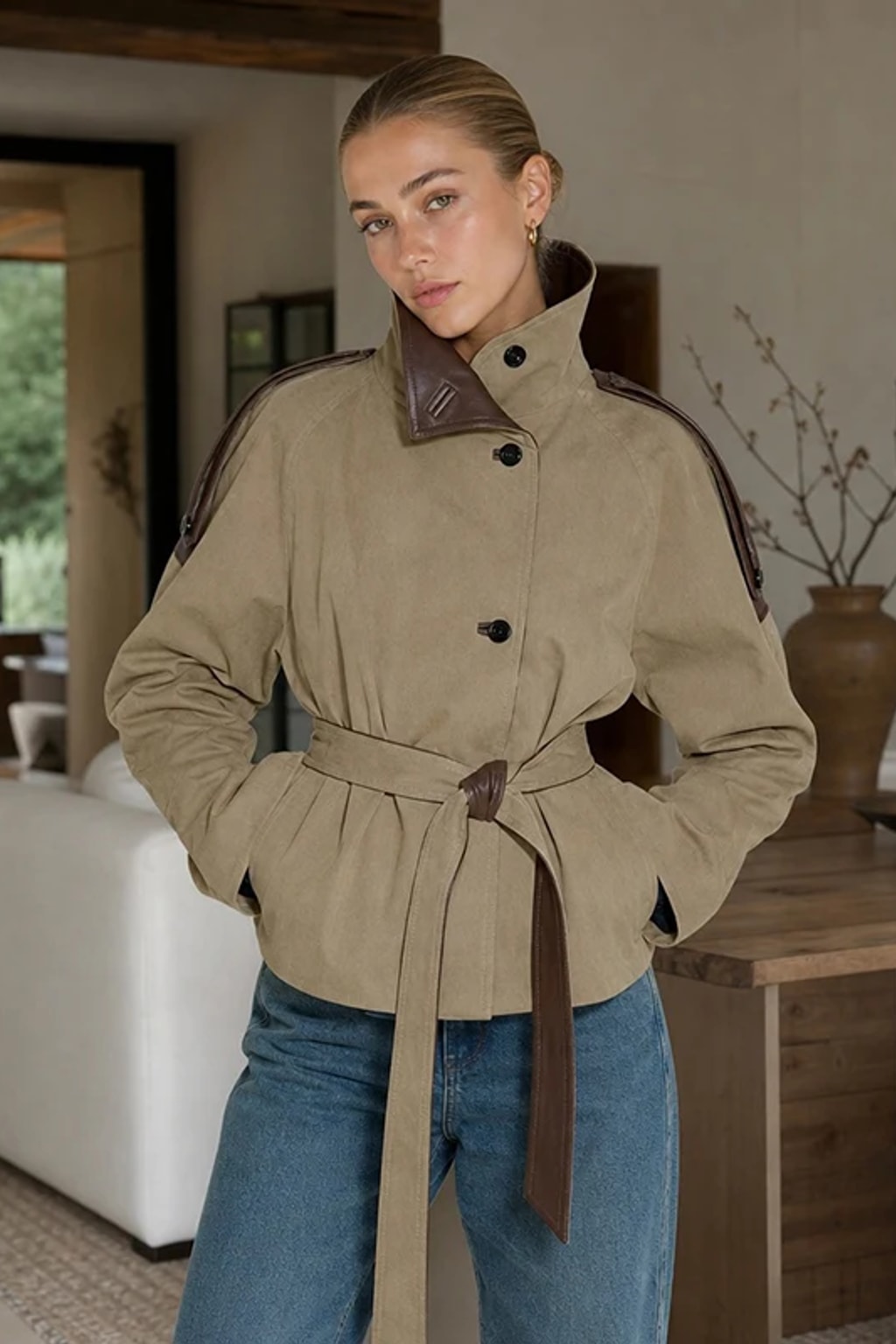 Faux Leather Trench Coat Belted Waist Short Jacket - 7