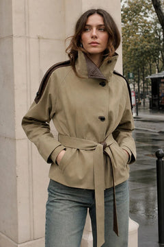 Faux Leather Trench Coat Belted Waist Short Jacket - 2