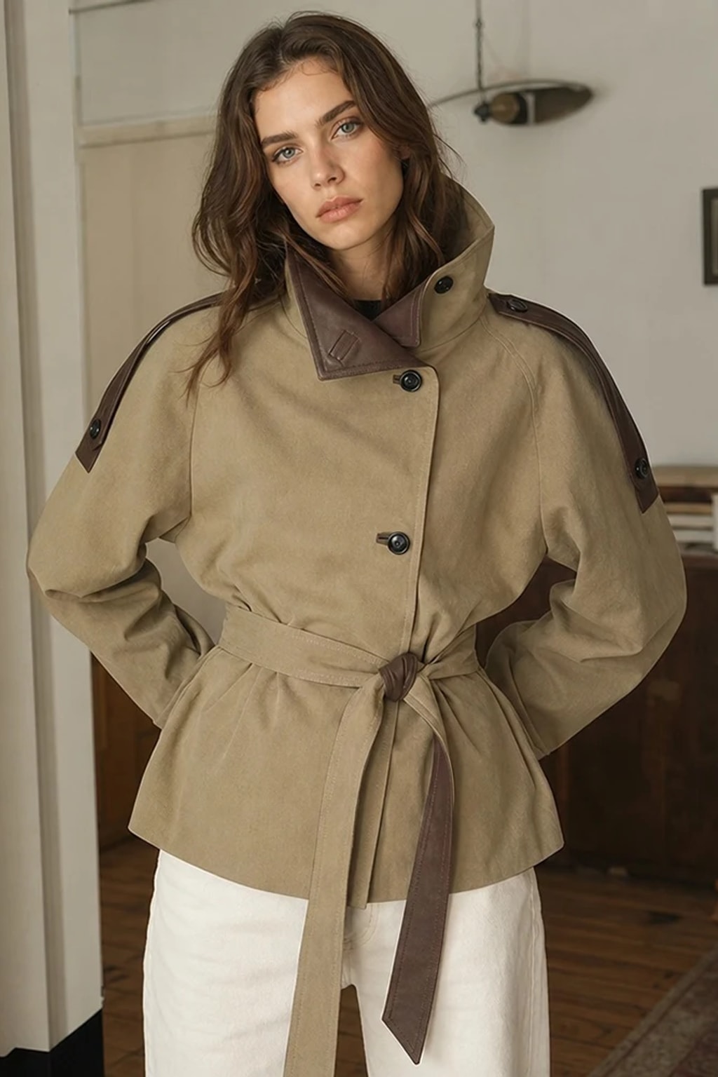 Faux Leather Trench Coat Belted Waist Short Jacket - 5