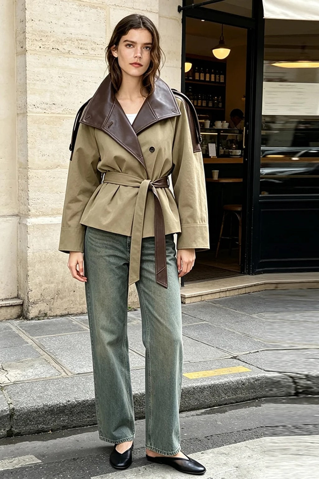 Faux Leather Trench Coat Belted Waist Short Jacket - 6