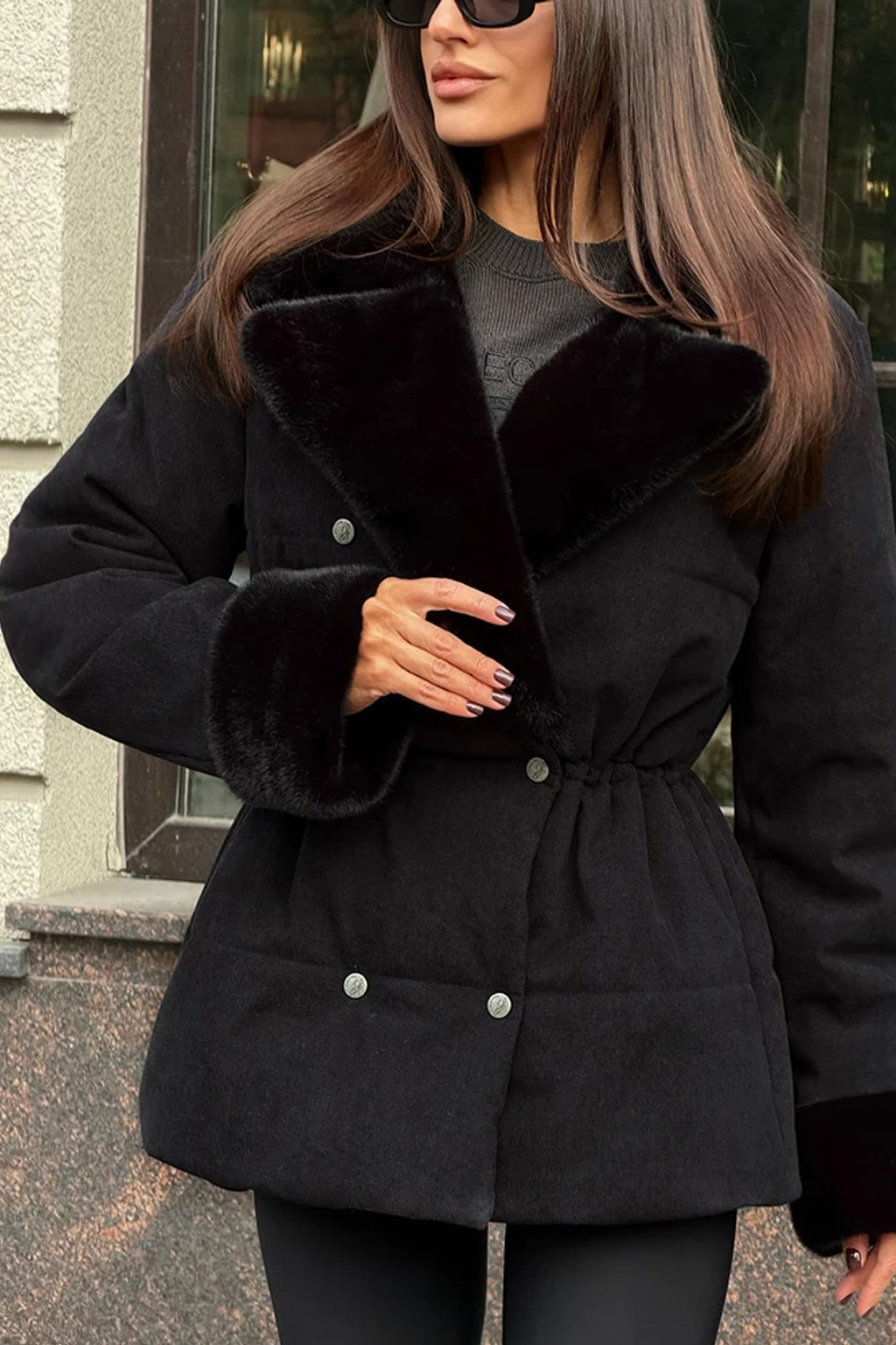 Fur Patchwork Coat Double Breasted Lapel Jacket - 11