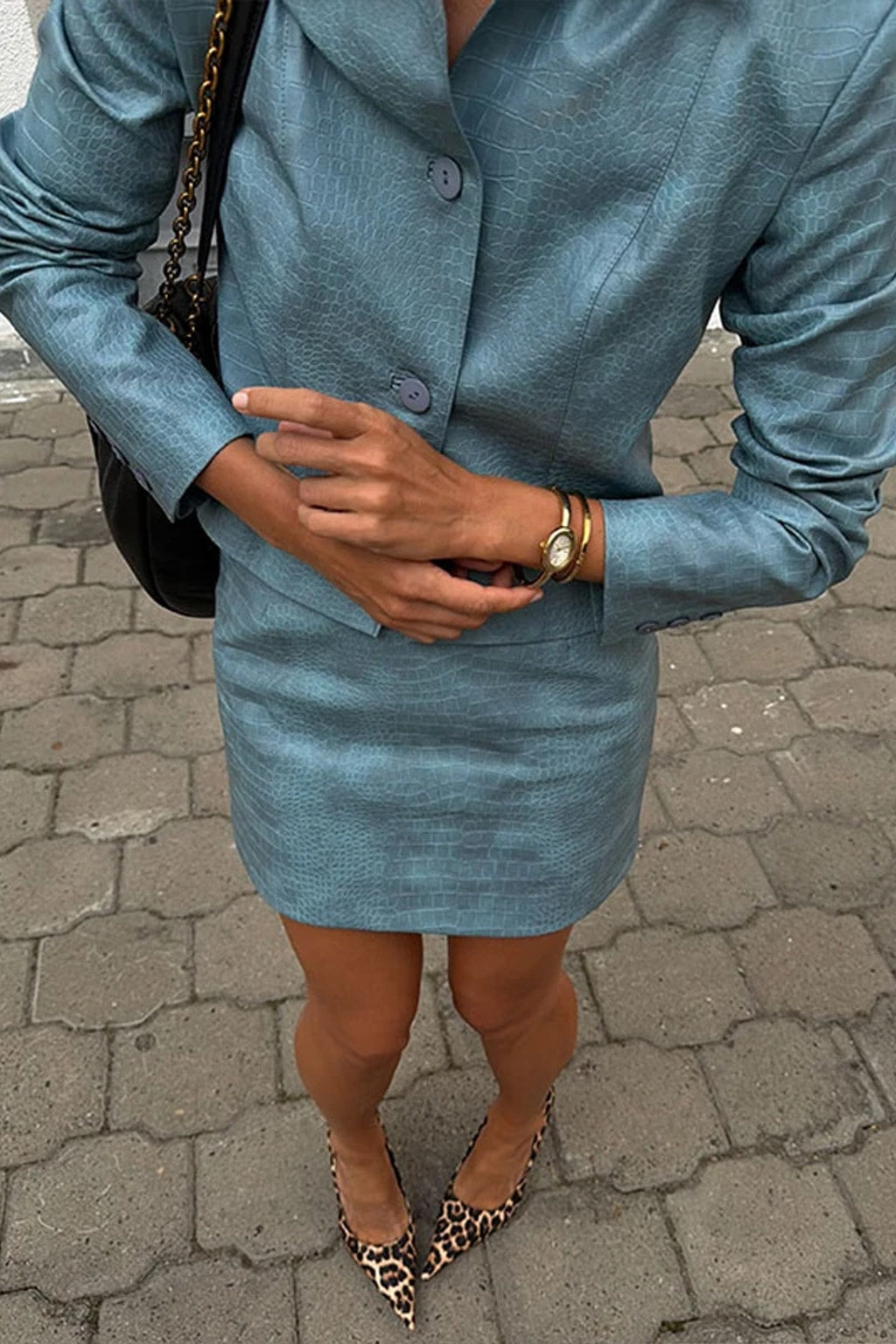 2 Piece Skirt Set Croc Texture Blazer Outfit - 4