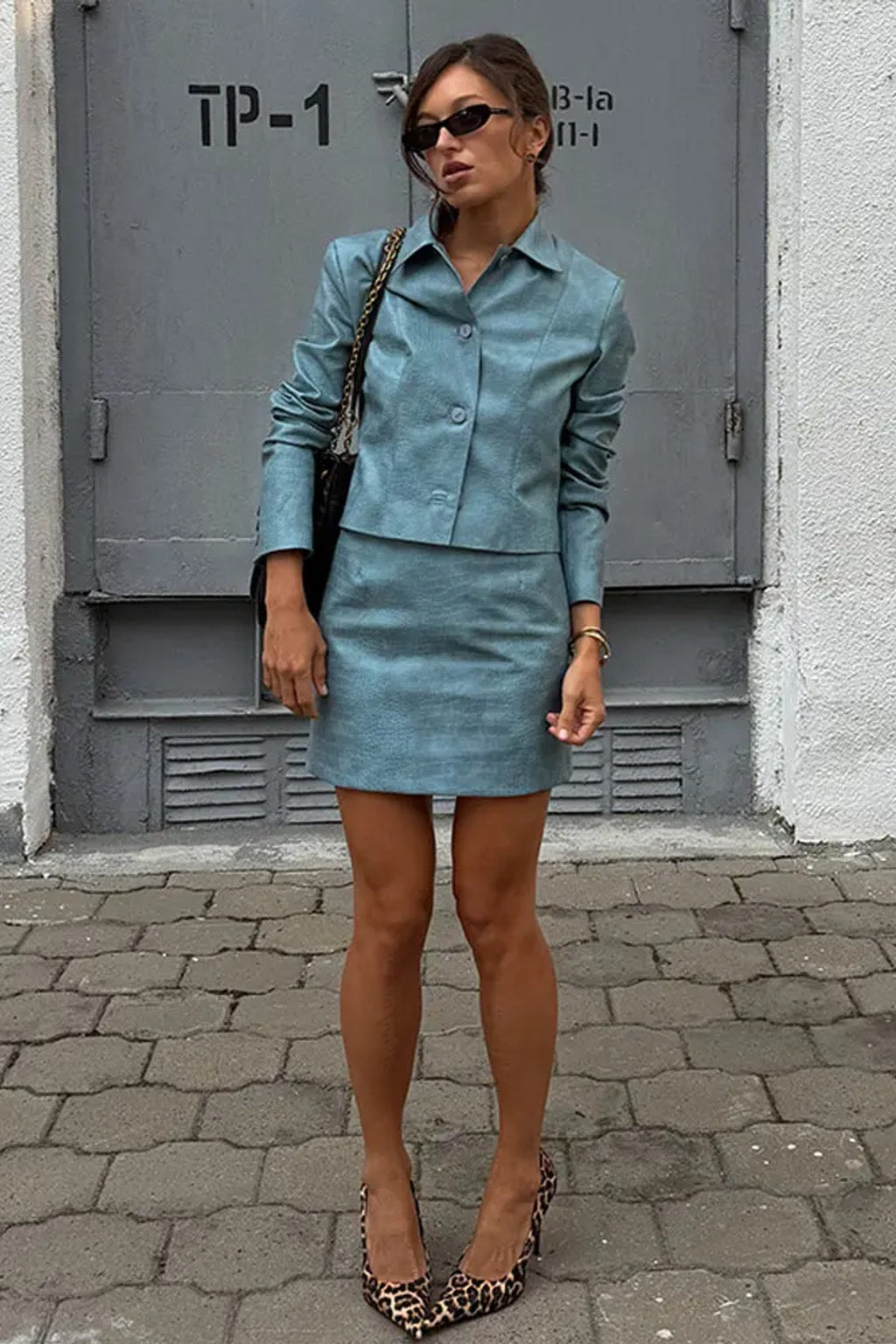 2 Piece Skirt Set Croc Texture Blazer Outfit - 2