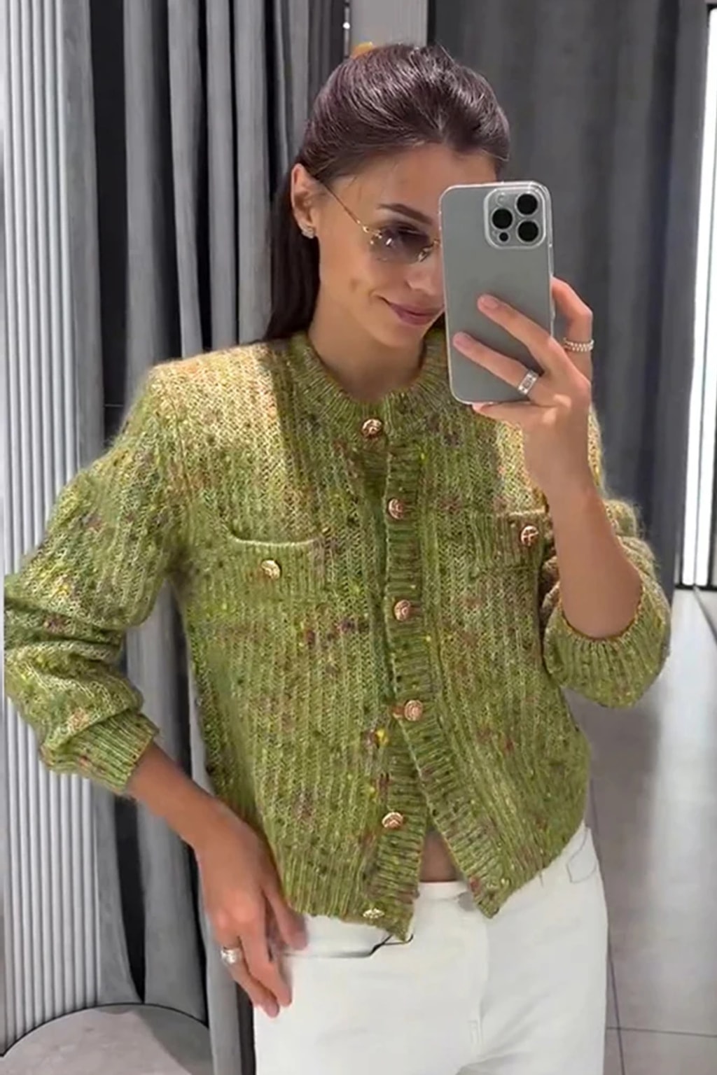 Knit Cardigan Crew Neck Sweater with Metal Buttons - 2