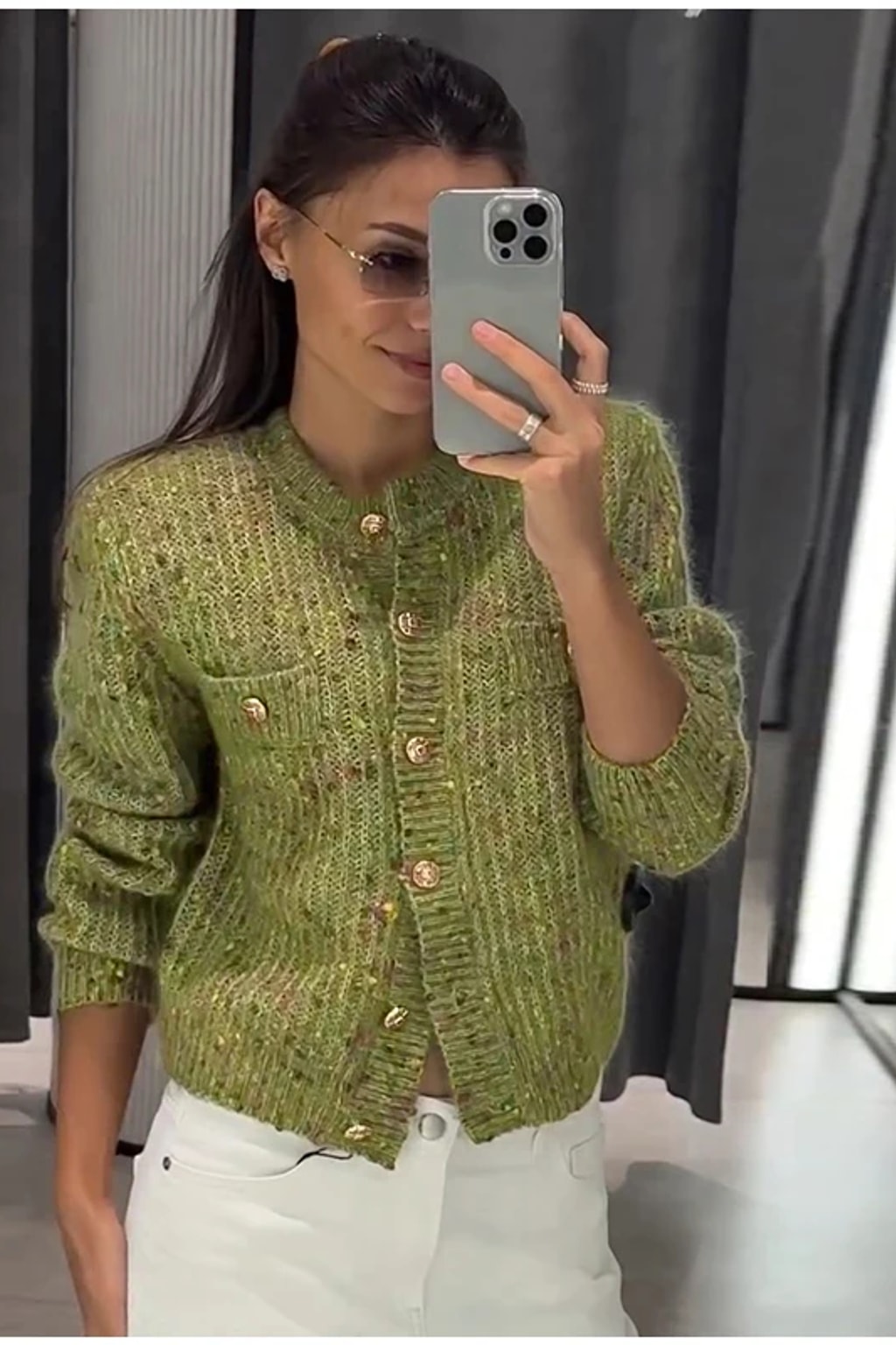 Knit Cardigan Crew Neck Sweater with Metal Buttons - 4