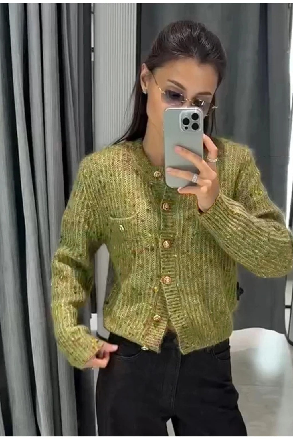 Knit Cardigan Crew Neck Sweater with Metal Buttons - 5