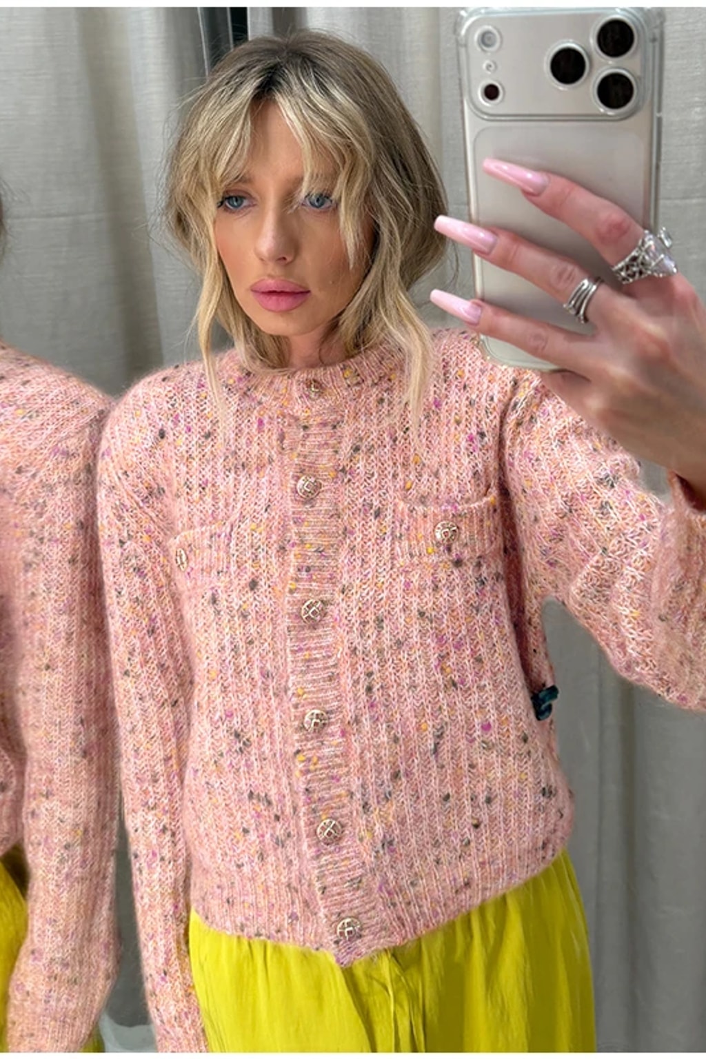 Knit Cardigan Crew Neck Sweater with Metal Buttons - 8