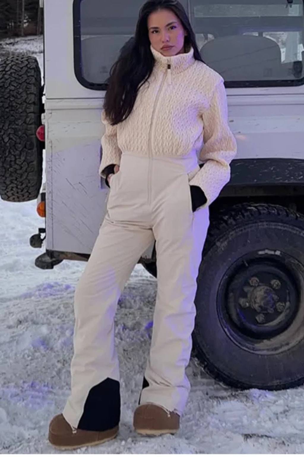 Broadcloth Ski Jumpsuit Quilted Stand Collar Cream - 10