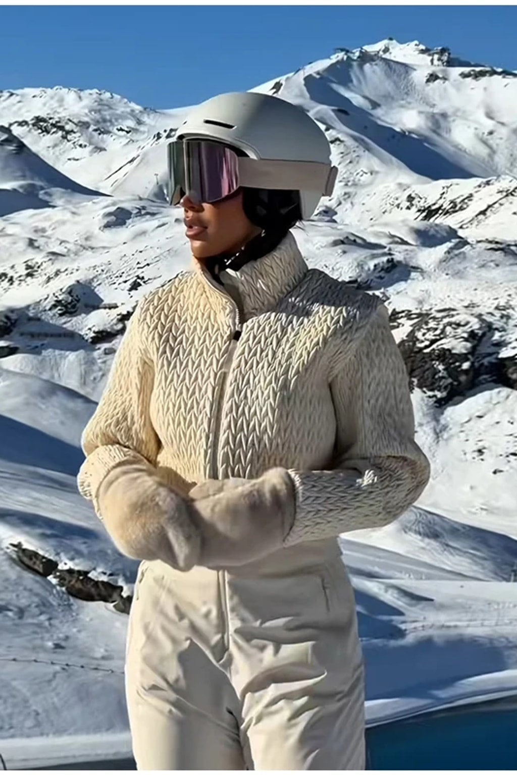 Broadcloth Ski Jumpsuit Quilted Stand Collar Cream - 5