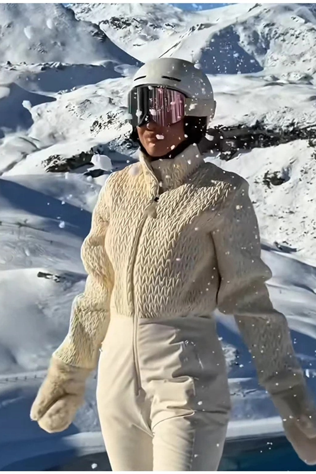 Broadcloth Ski Jumpsuit Quilted Stand Collar Cream - 3