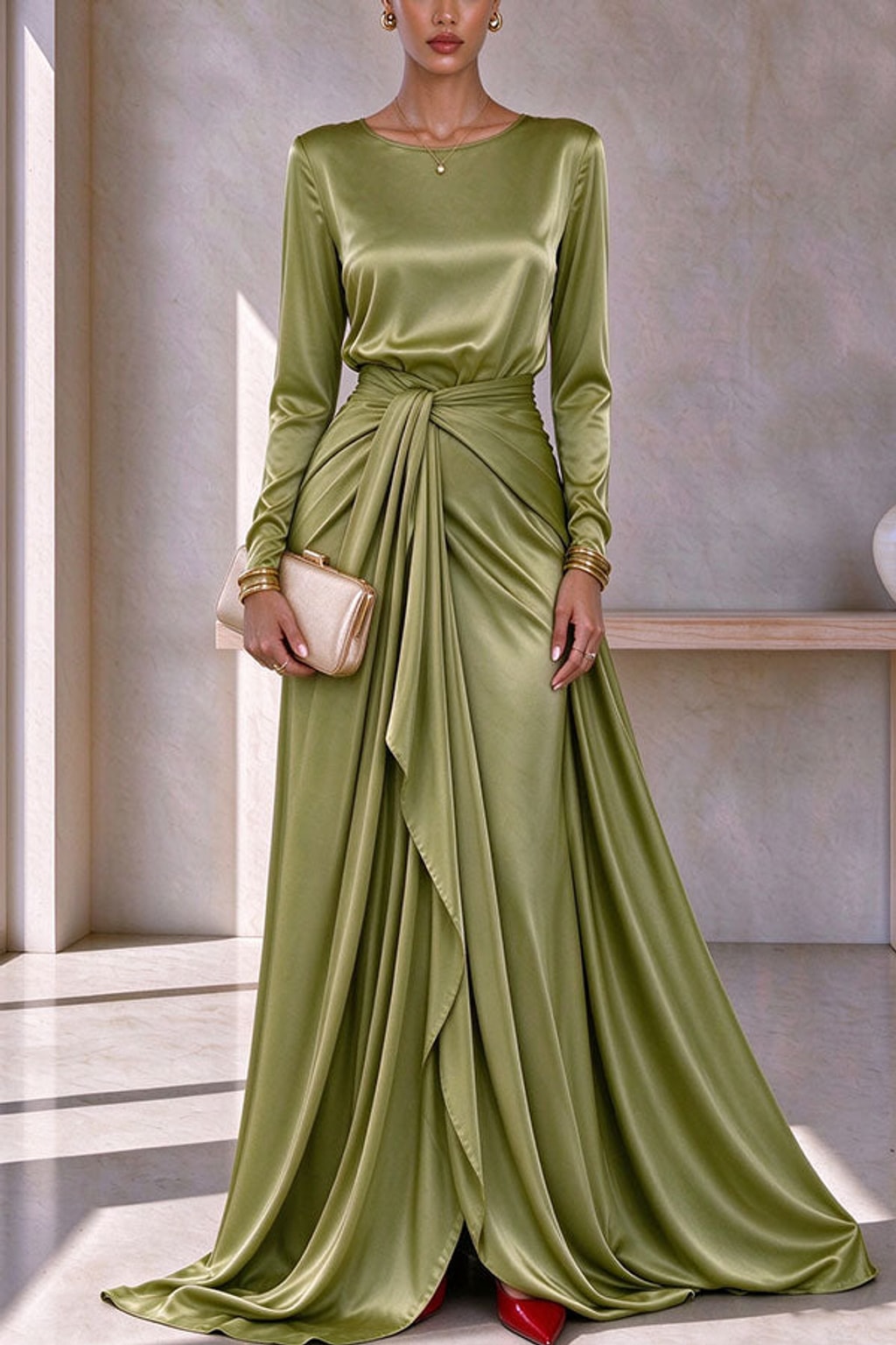 Satin Outfit Set Long Sleeve Top Maxi Skirt Party Wear - 2