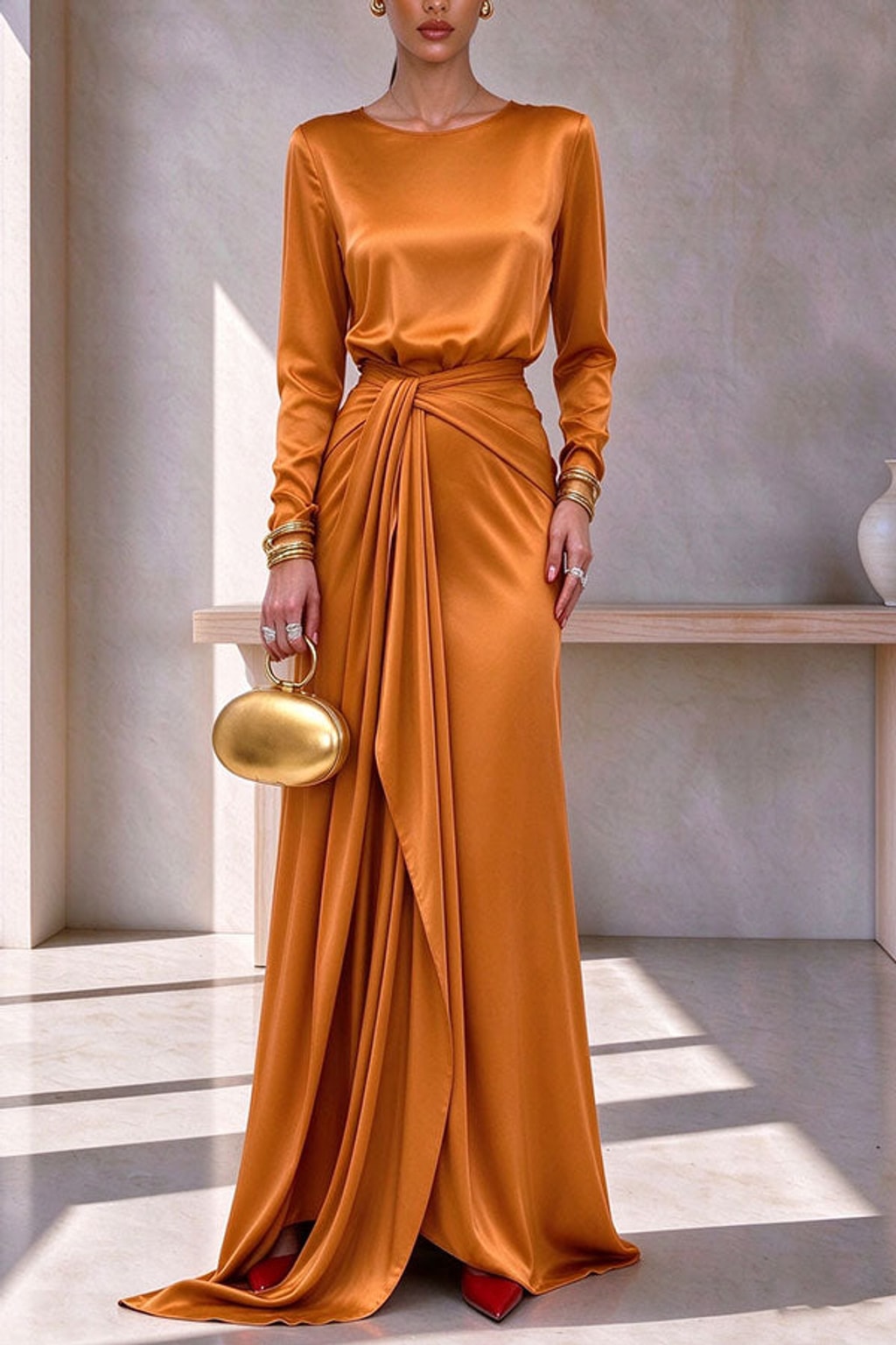 Satin Outfit Set Long Sleeve Top Maxi Skirt Party Wear - 5