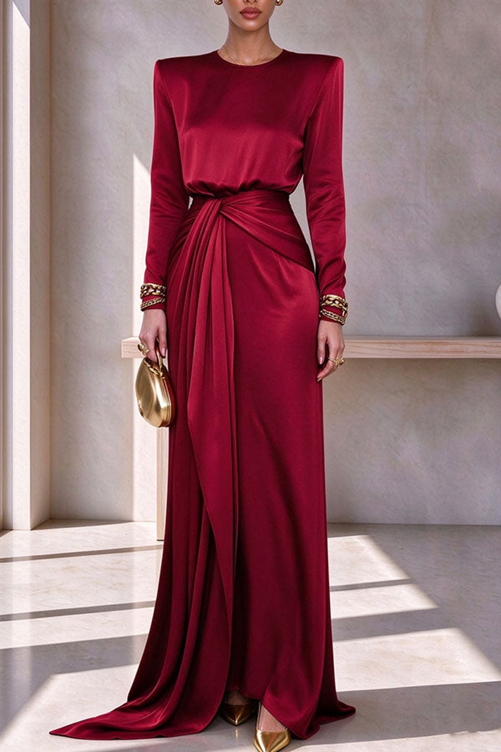 Satin Outfit Set Long Sleeve Top Maxi Skirt Party Wear - 6