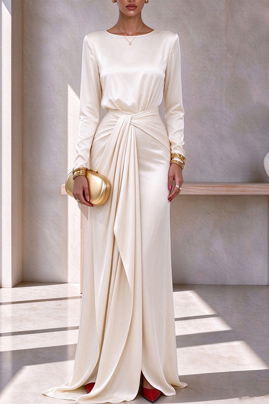 Satin Outfit Set Long Sleeve Top Maxi Skirt Party Wear - 7