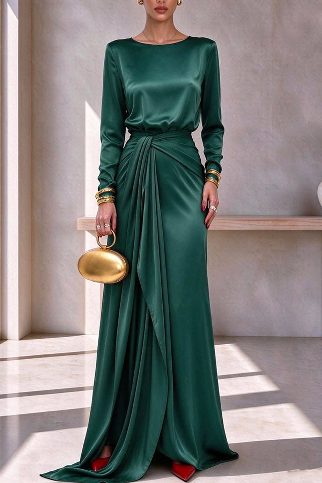 Satin Outfit Set Long Sleeve Top Maxi Skirt Party Wear - 8