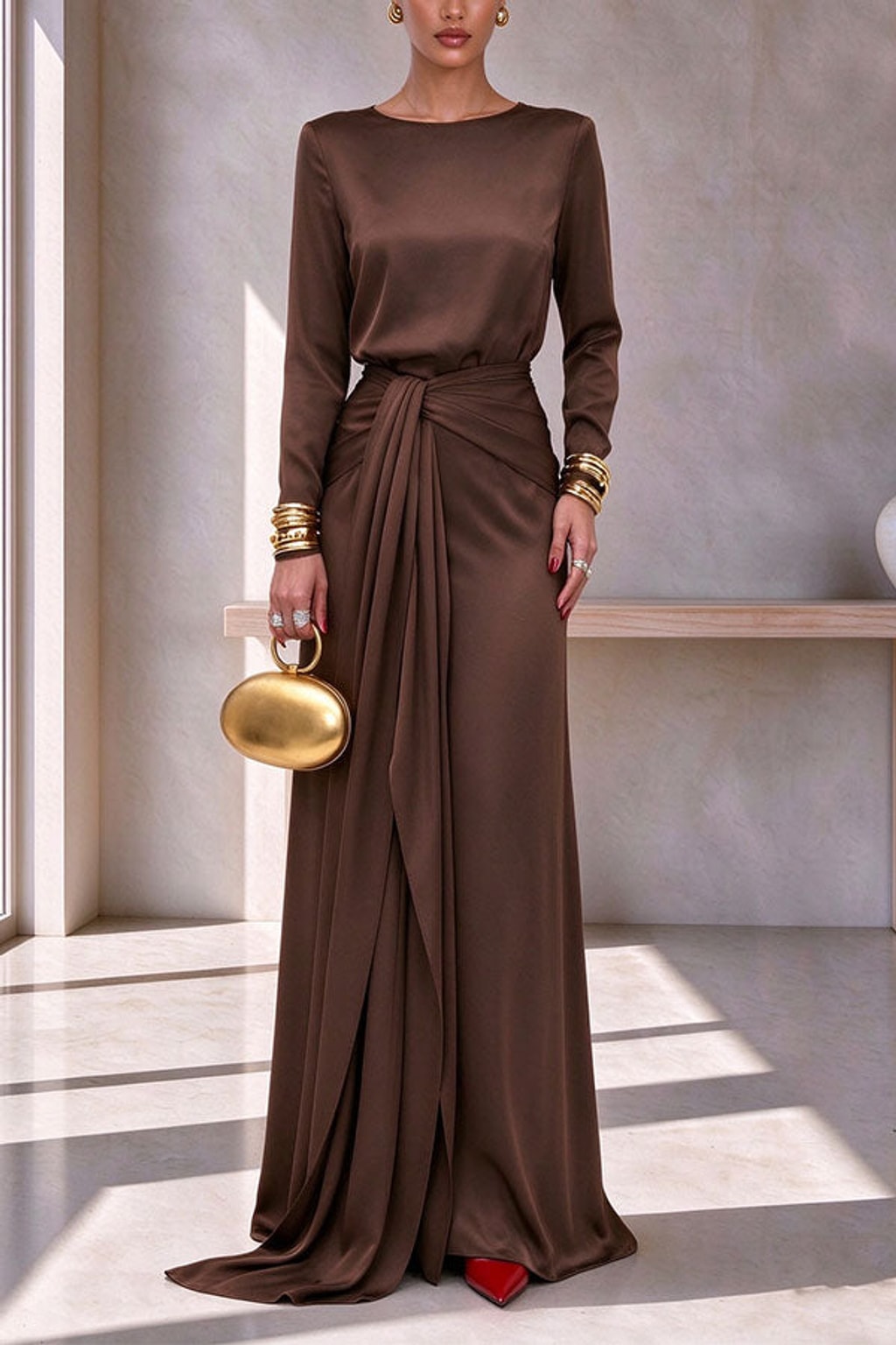 Satin Outfit Set Long Sleeve Top Maxi Skirt Party Wear - 9