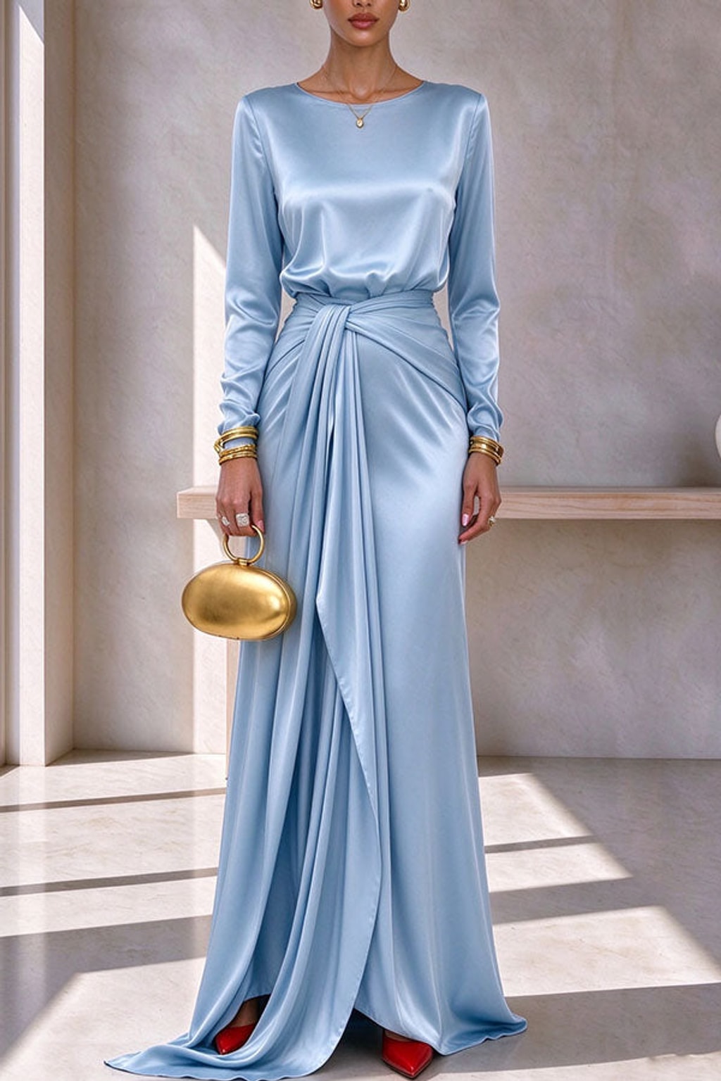 Satin Outfit Set Long Sleeve Top Maxi Skirt Party Wear - 10